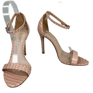 Schutz Cadey Lee Sweet Rose Crocodile-Embossed Leather Sandal Heels 7